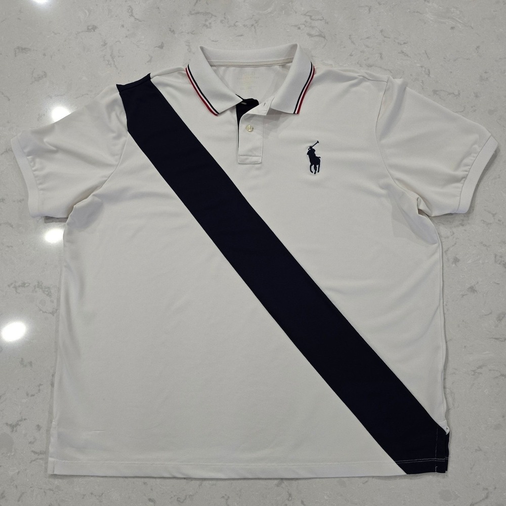 Polo Ralph Lauren Men's XXL White Navy Sash Performance Polo Golf Preppy